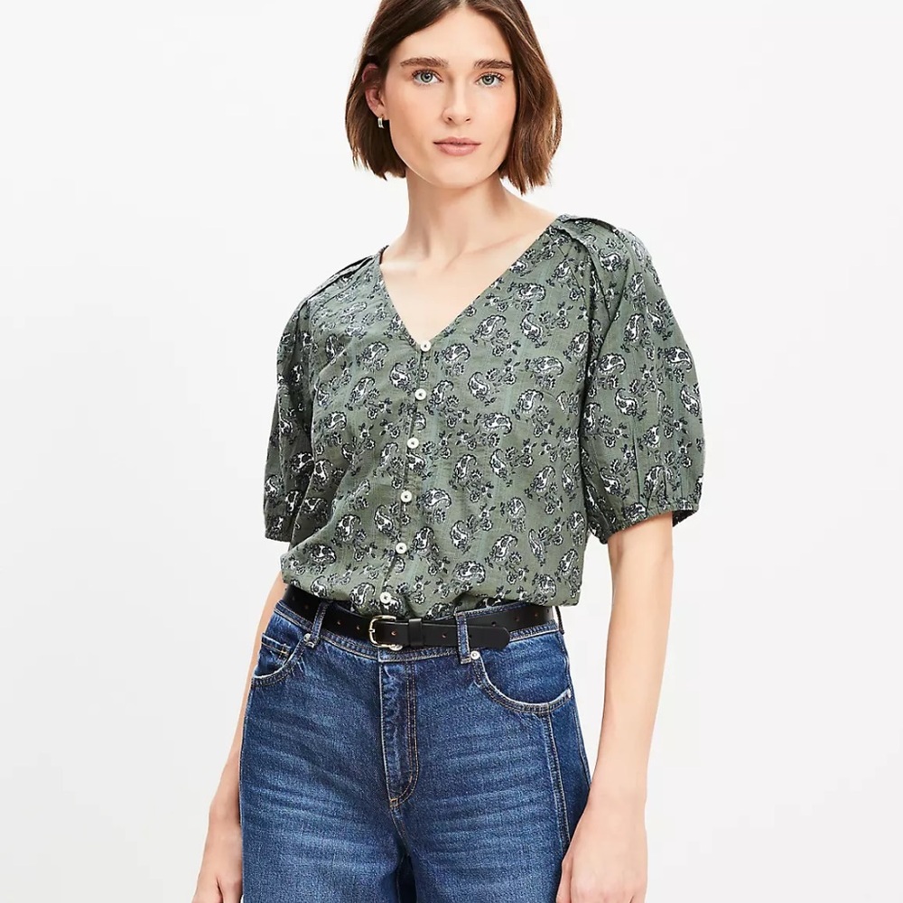 Loft Green Paisley Mixed Media Blouse